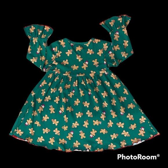 RUFFLE GIRL SZ 6 Girls Dress Green Background W/ Gingerbread And Ruffled Tights - Picture 4 of 8